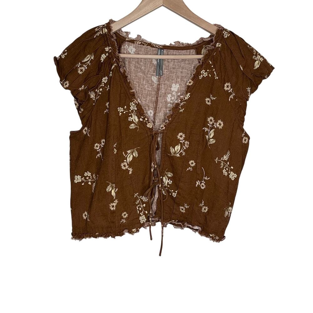 Anthropologie Brown Floral Linen Cotton Tie Front Puff Sleeve Crop Top M - Picture 3 of 11